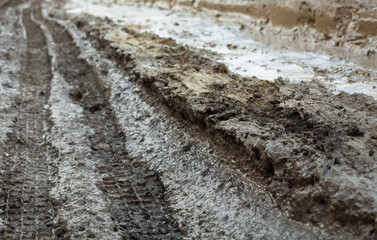 Wheel tracks on the muddy dirt road