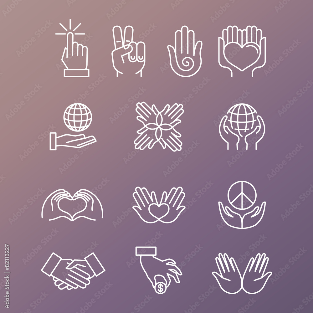Poster Vector set of linear hand icons and gestures