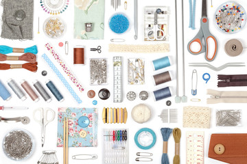 sewing and knitting on white background