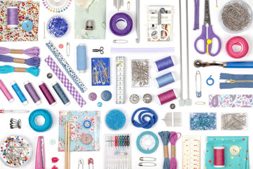 sewing and knitting on white background