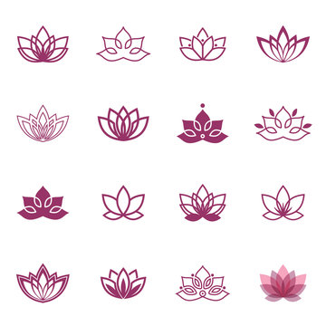 Lotus symbol icons. Vector floral labels for Wellness industry