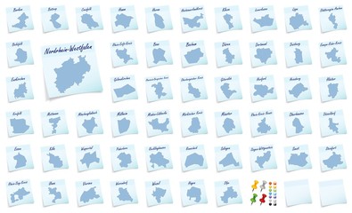Collage von Nordrhein-Westfalen mit Landkreisen als Notizzettel