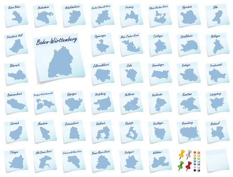Collage von Baden-Wuerttemberg mit Landkreisen als Notizzettel i