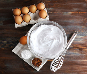 Whipped egg whites and other ingredients for cream