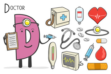 Illustration of alphabet occupation - Letter D for Doctor