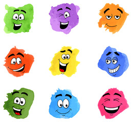 gezeichnete Gesichter auf Aquarell Flecken