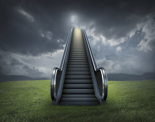 Escalator to cloudy sky in rural landscape