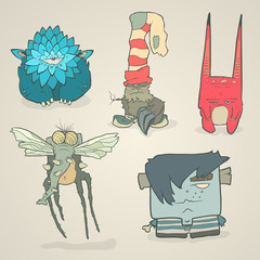 Vector set of illustrations cartoon cute monsters or aliens with