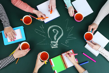 Creative team for work flow on blackboard background top view