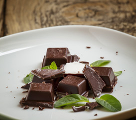 dark chocolate and fresh mint, selective focus