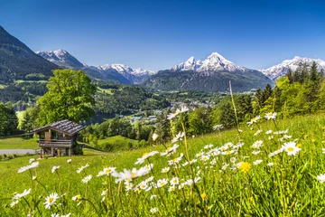 Zelfklevend Fotobehang Idyllisch landschap in de Alpen met berghut in het voorjaar © JFL Photography