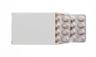 White box with brown pills blister pack
