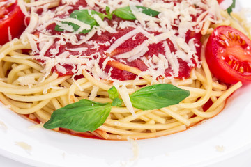 Pasta with tomato and basil.