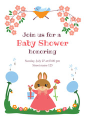 Baby shower invitation card with cute little bunny girl