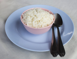 a bowl of rice on the table, setting