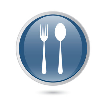 blue glossy web icon. Fork and spoon icon - restaurant sign,