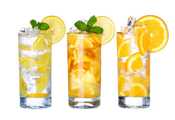 Glass Of Cold ice tea and lemonade Drink collection  isolated on