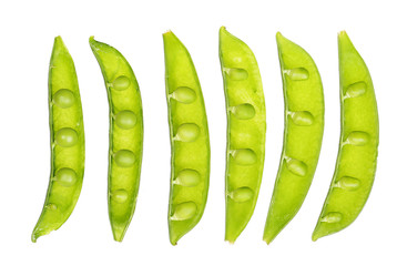 open fresh peas isolated on white background