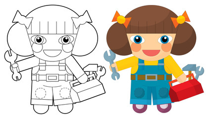 Cartoon character - girl mechanic - coloring page