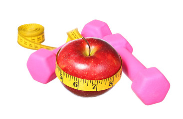 american Sport equipment. dumbbells, measuring tape, apple  isol