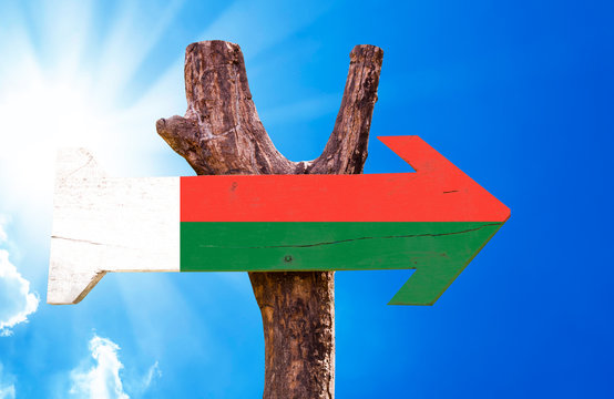Madagascar Flag wooden sign with sky background