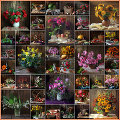 Натюрморт, коллаж, цветы, букет. Фон.