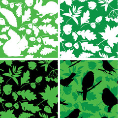 Set of Seamless patterns with birds, leaves and squirrel silhoue