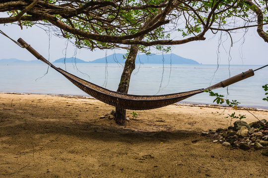 Romantic cozy hammock in the shadow of the palm on the tropical