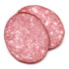 Smoked sausage salami slices isolated on white background cutout