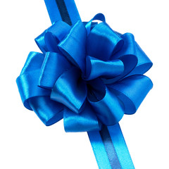 Festive blue gift ribbon and bow isolated on white background cu