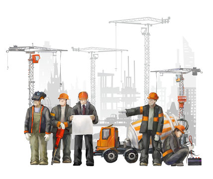 Industrial illustration with workers, cranes and concrete mixer 
