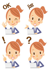 表情　ノートパソコンを使うポニーテールのビジネスウーマン