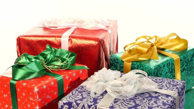 Different boxes, gifts tied with ribbons and bows isolated on