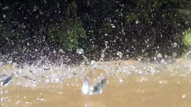 Closeup slow motion spring water falling into river