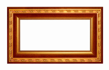 Picture frame gold dark tones wood frame in white background.