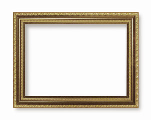 Picture frame gold dark tones wood frame in white background.