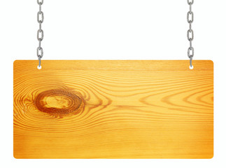 close up of a wooden sign with chain on white background