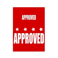 approved white stamp text on red background