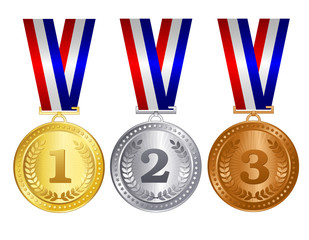 Gold silver and bronze medal with ribbons