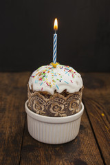 cake in a ceramic bowl with a candle