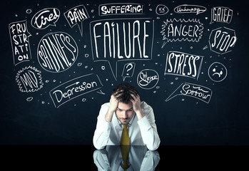 Depressed businessman sitting under trouble thought boxes