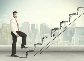 Business man climbing up on hand drawn staircase concept
