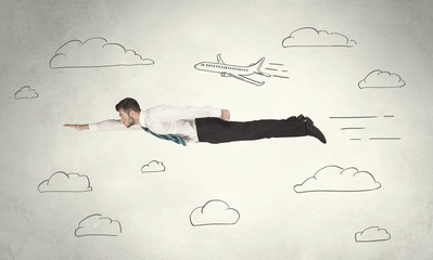 Cheerful business person flying between hand drawn sky clouds