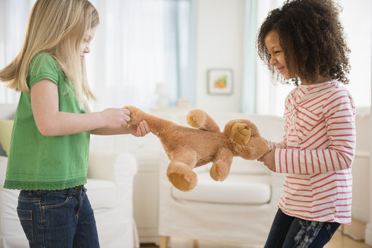 Girls fighting over teddy bear in living room