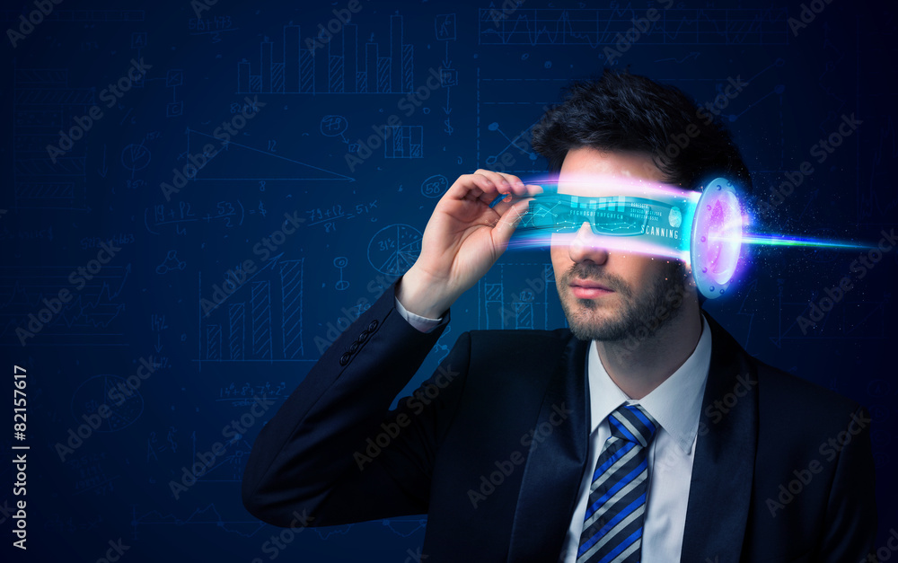 Poster man from future with high tech smartphone glasses
