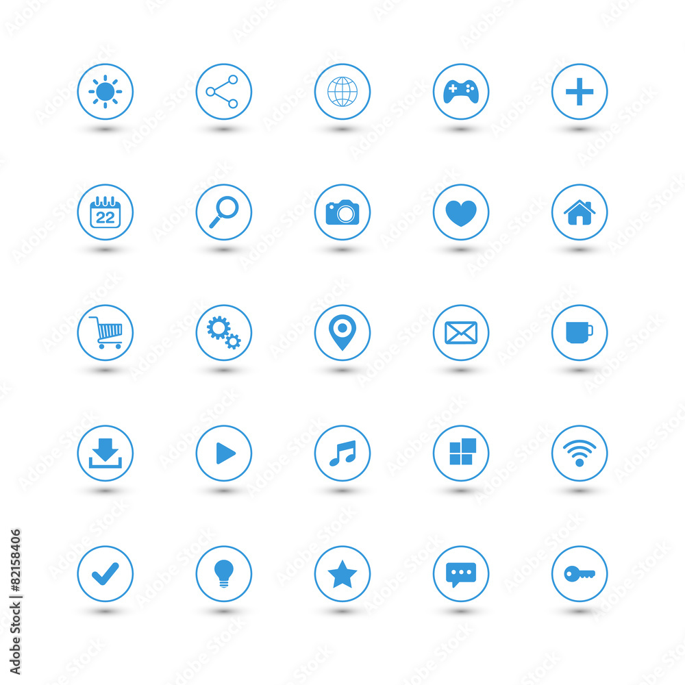 Poster blue web icons set with shadow on white background.