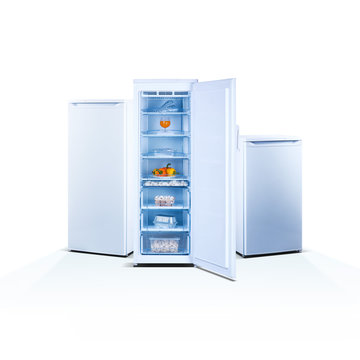 Three freezers on white background, open