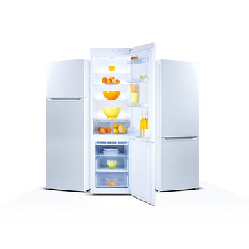 Three refrigerators isolated on white, open door