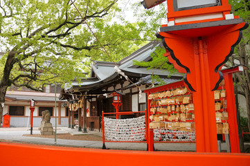 Fototapeta premium 方違神社社殿と朱塗りの木製台燈篭