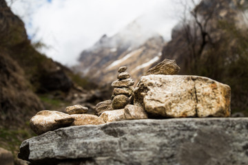Zen rock arrangement along trail to mountains of Nepal